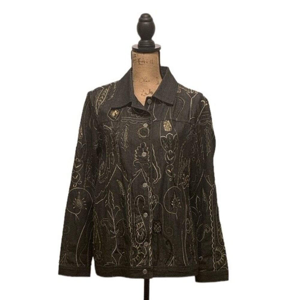 Laura Ashley Embroidered Denim‎ Jacket Dark Wash Size Large